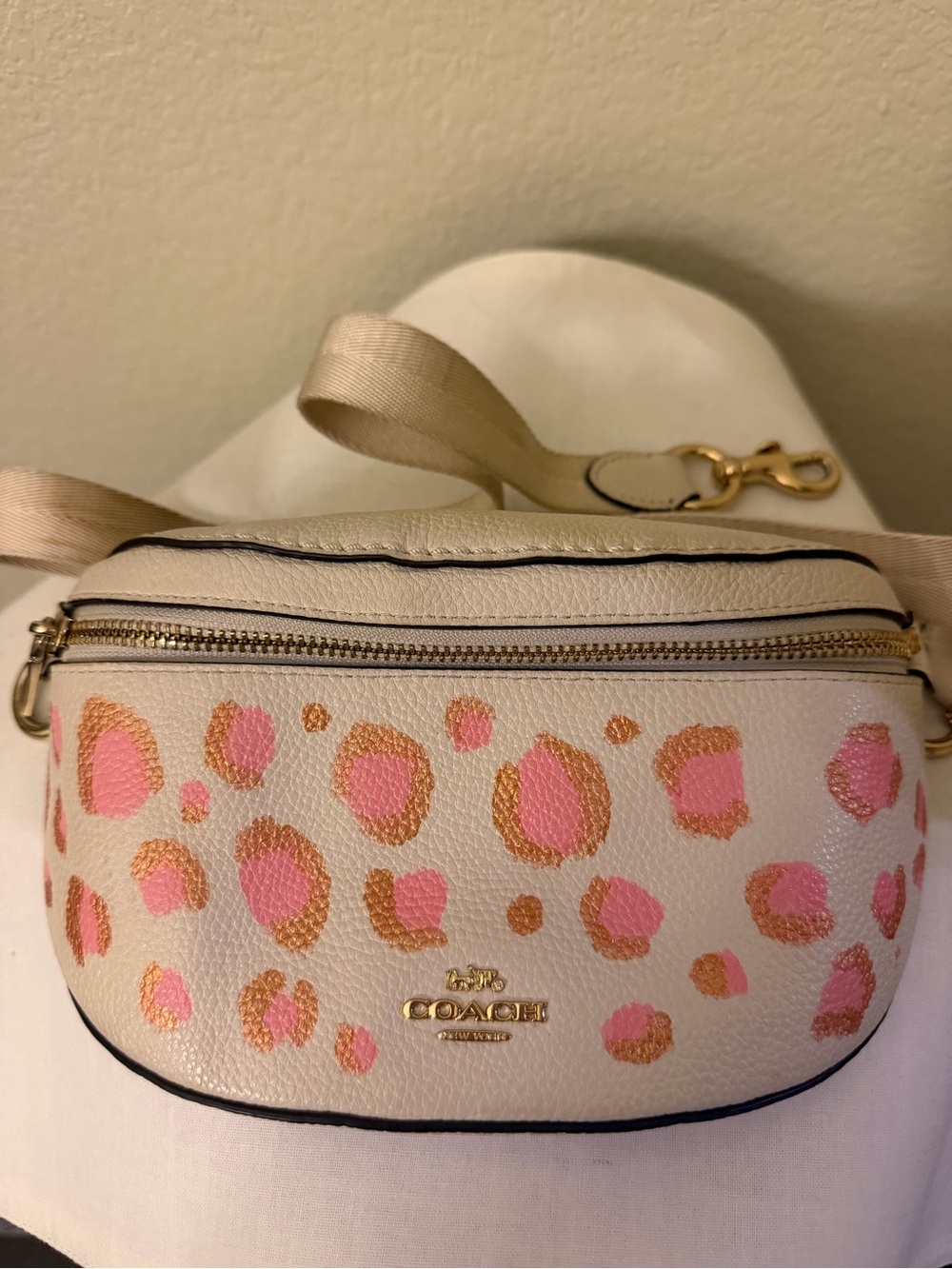 AUTHENTIC CUSTOMIZED COACH Cream Sling/ Belt Bag with Pink and Gold leopard spot